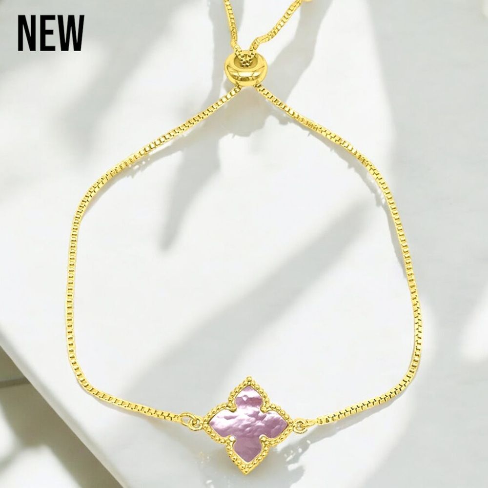 New Adornia Four Point Mother of Pearl Flower Bolo Bracelet Pink / Gold